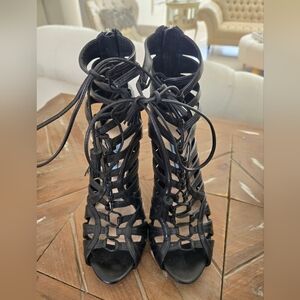 Prada Black Lace-Up Heels